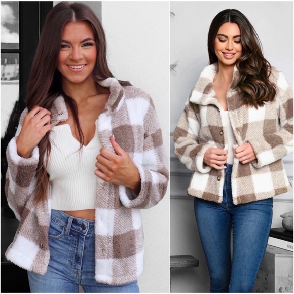 Blossom Boutique Jackets & Blazers - 1 LEFT! Plaid Sherpa Beige White Women's Cute Fall Warm Soft Sherpa Coat